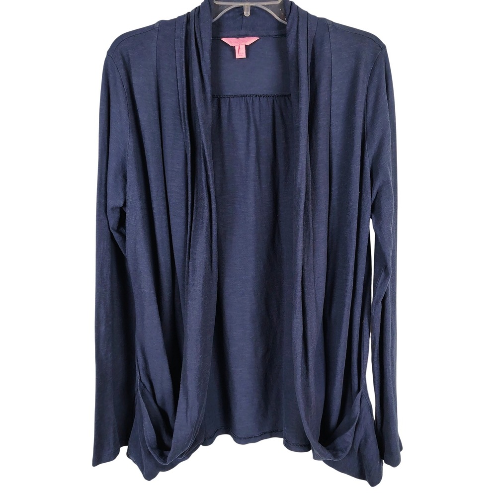 Lilly Pulitzer Womens L Open Front Cardigan Navy Blue Cotton Slub Knit Coastal